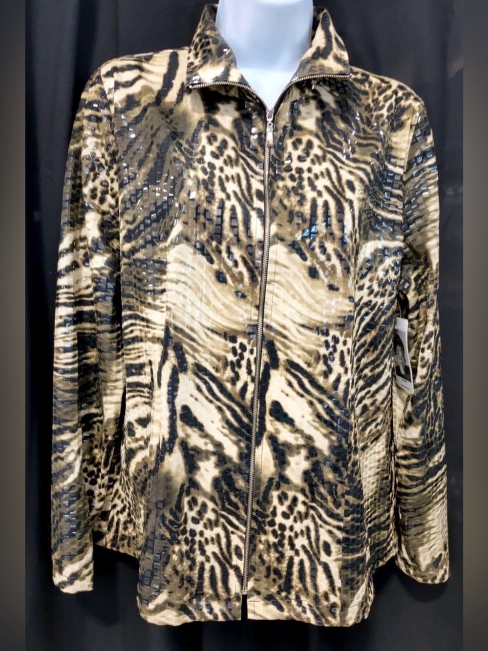 Misook NWT Women's Animal Tiger Print Sequin Full Zip Classic Jacket